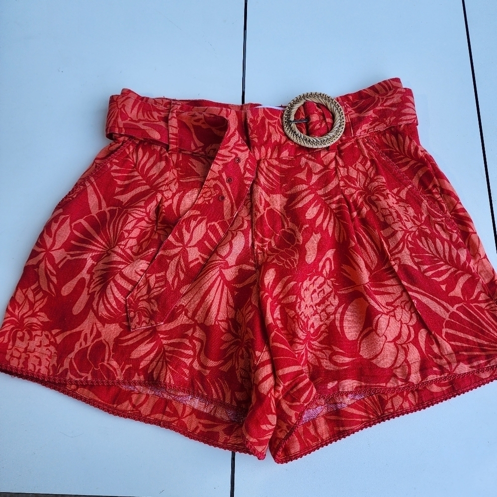 Nicole Miller 100% Linen Shorts Red Orange Floral European Flax High-Rise Belt 4